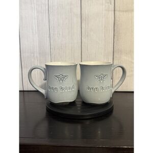 Set of 2 Stoneware "Bee Kind" Mugs Blue 20oz Raised Bee Rustic Farmhouse Coffee